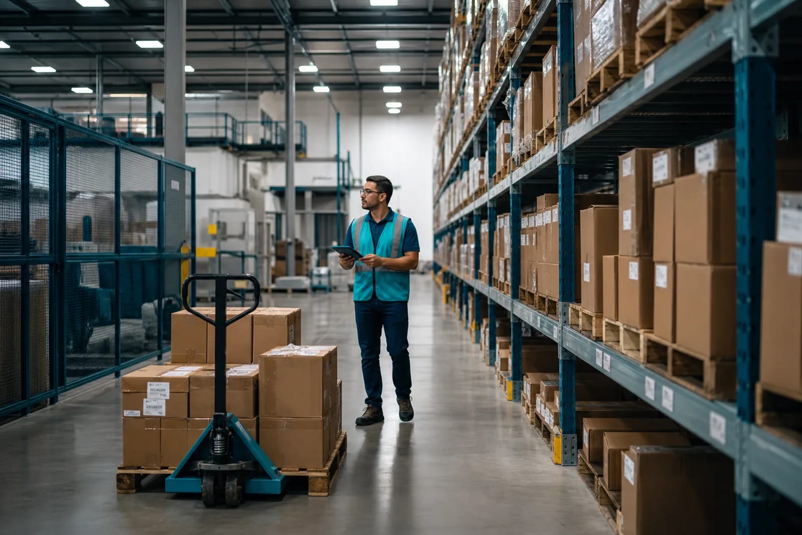 Manufacturing warehouse aisle with pallet racking and a worker checking stock on a handheld tablet