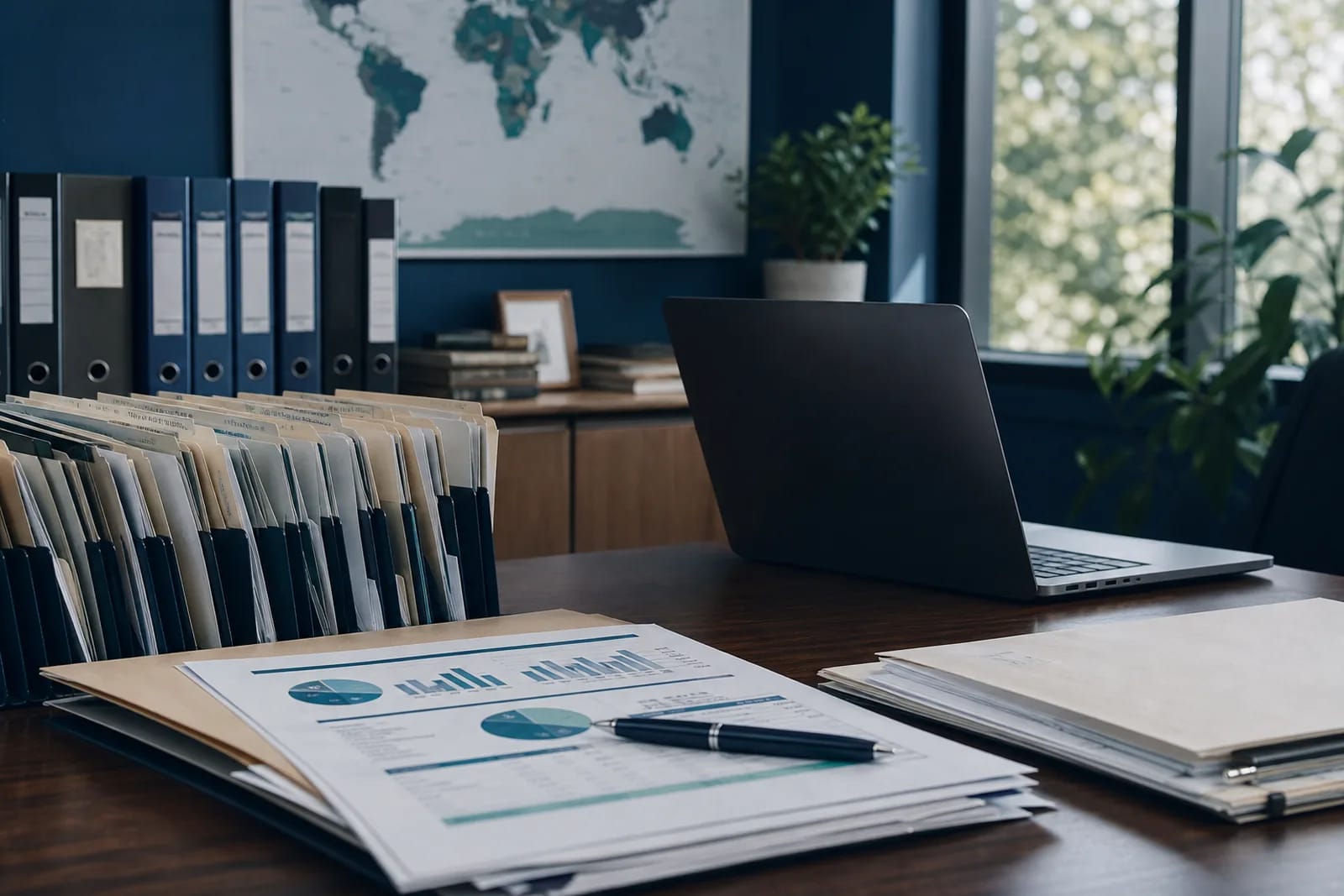 Nonprofit office desk with labeled grant, donor, and award folders beside a laptop and world map