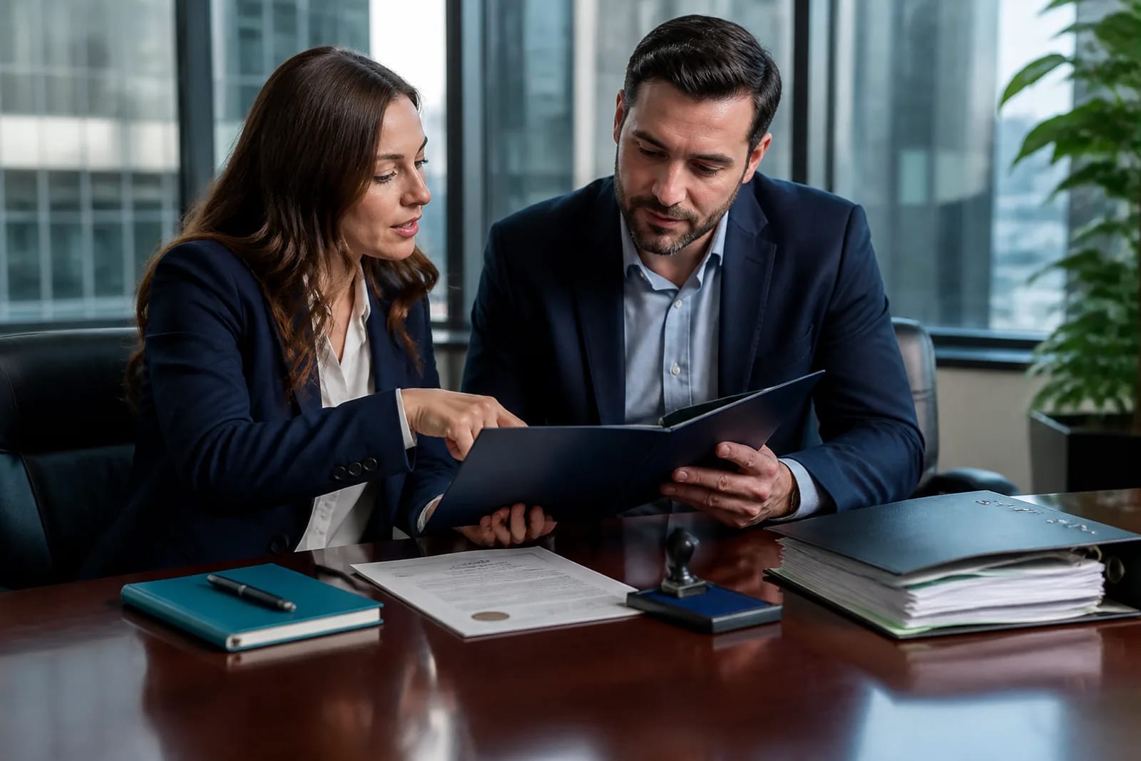 Two colleagues reviewing a signed approval folder and audit binder together at a meeting table