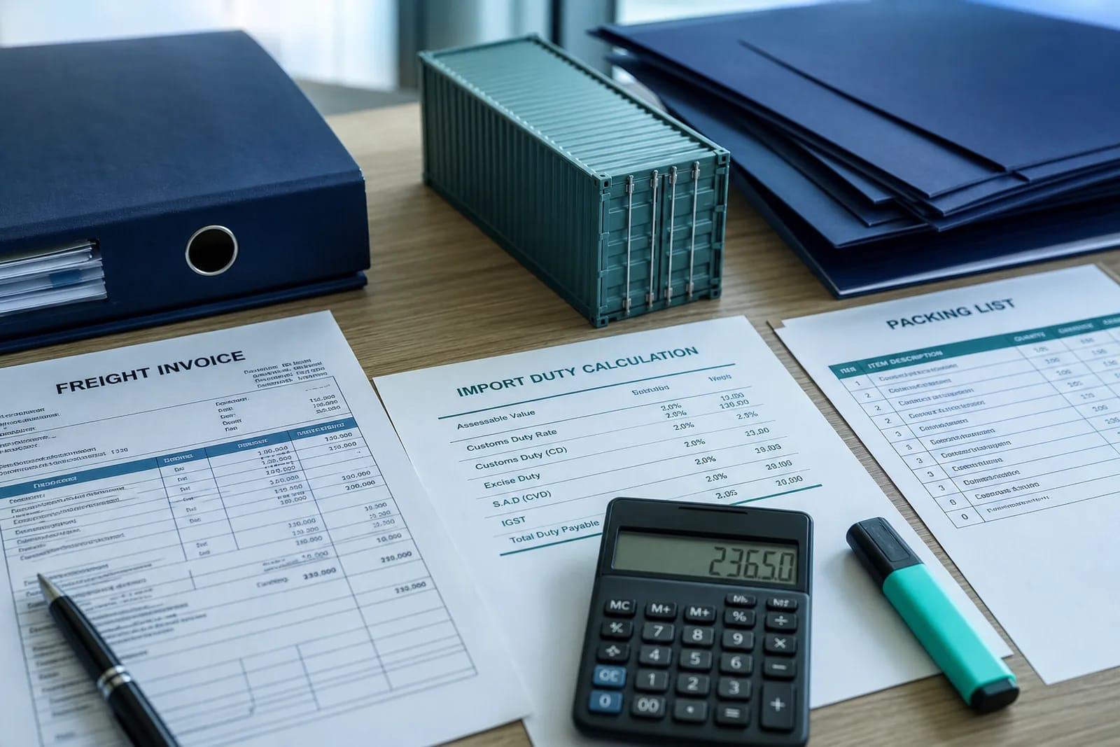Freight invoice, duty worksheet, and packing list arranged together on an import cost desk